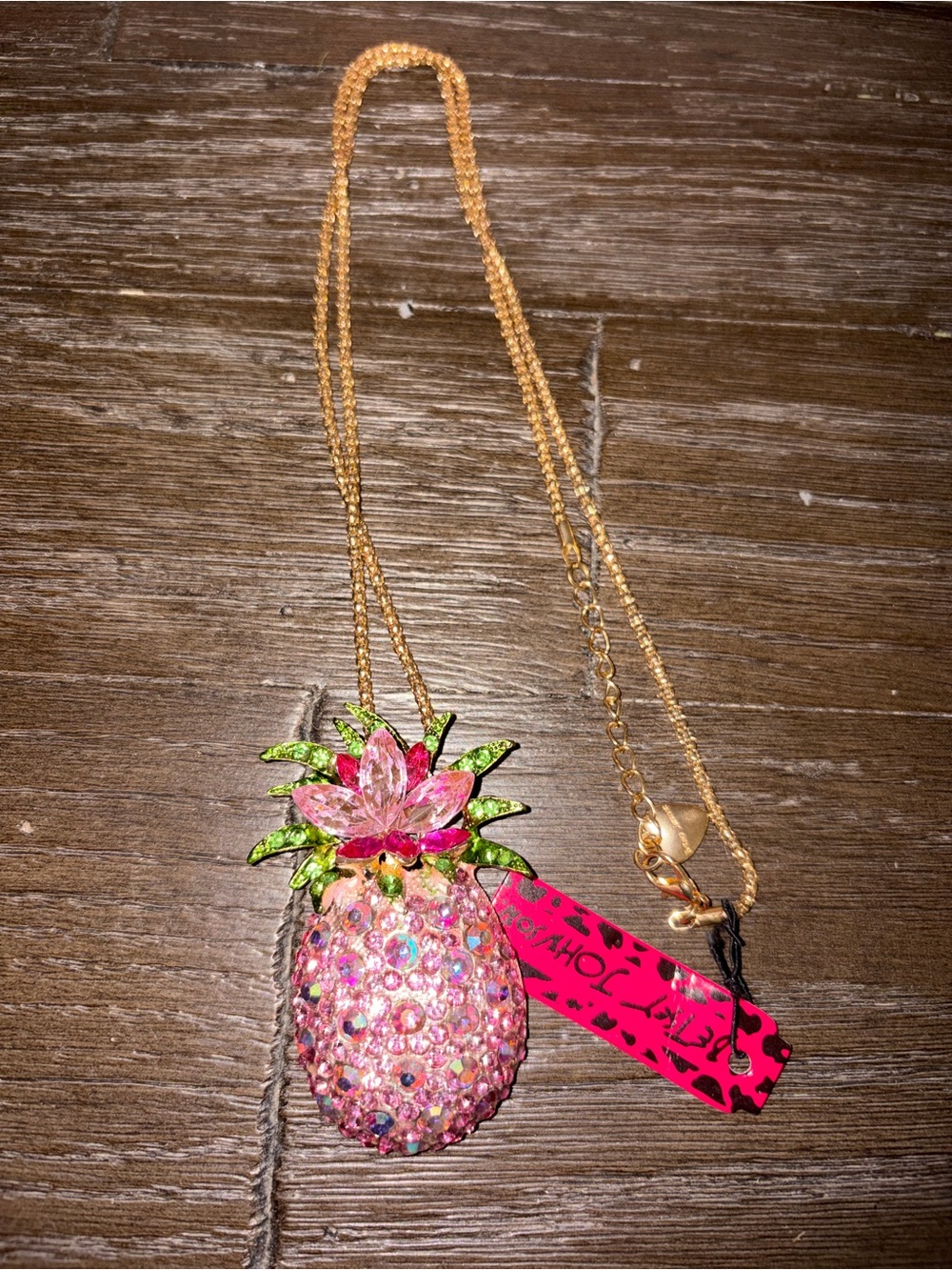Betsey Johnson Gold-Tone Pink & Green Crystal embellished Pineapple Necklace